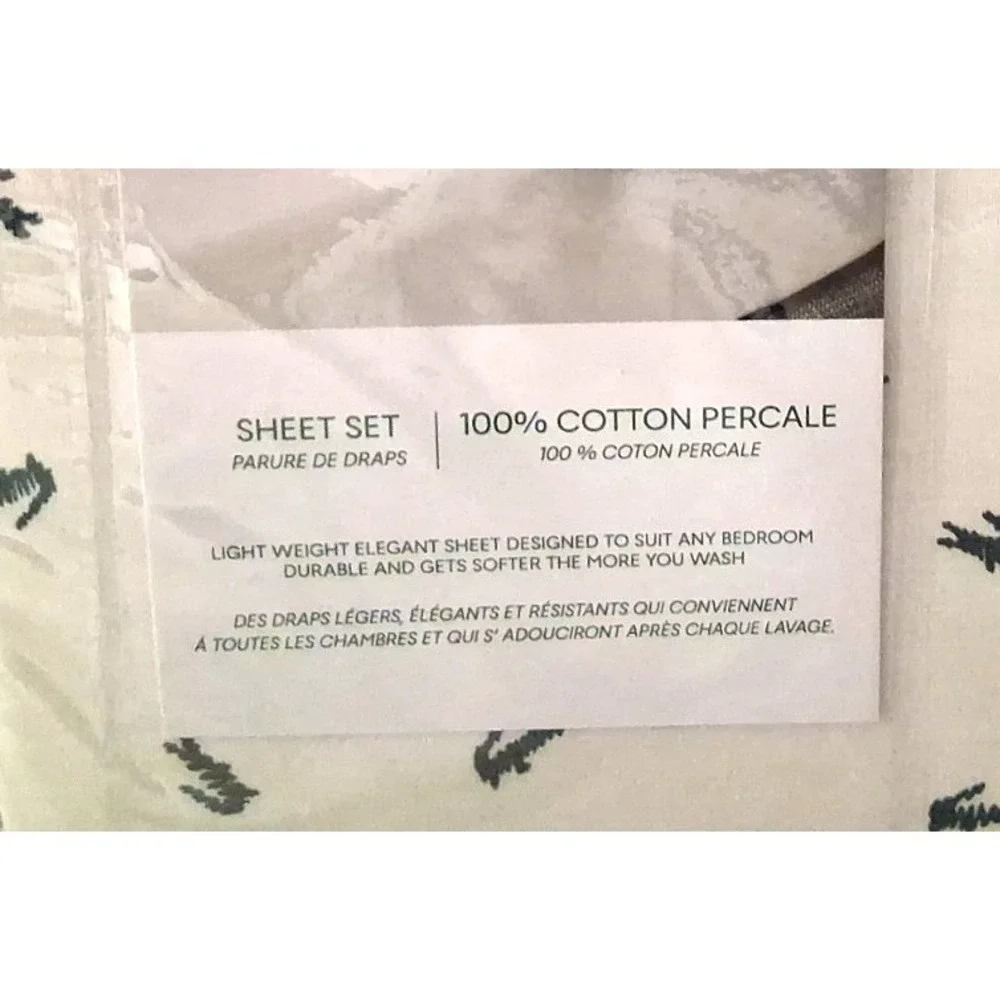Lacoste King Sheet Set 100% Percale Cotton Doodle Green Croc Motif 4 Piece White